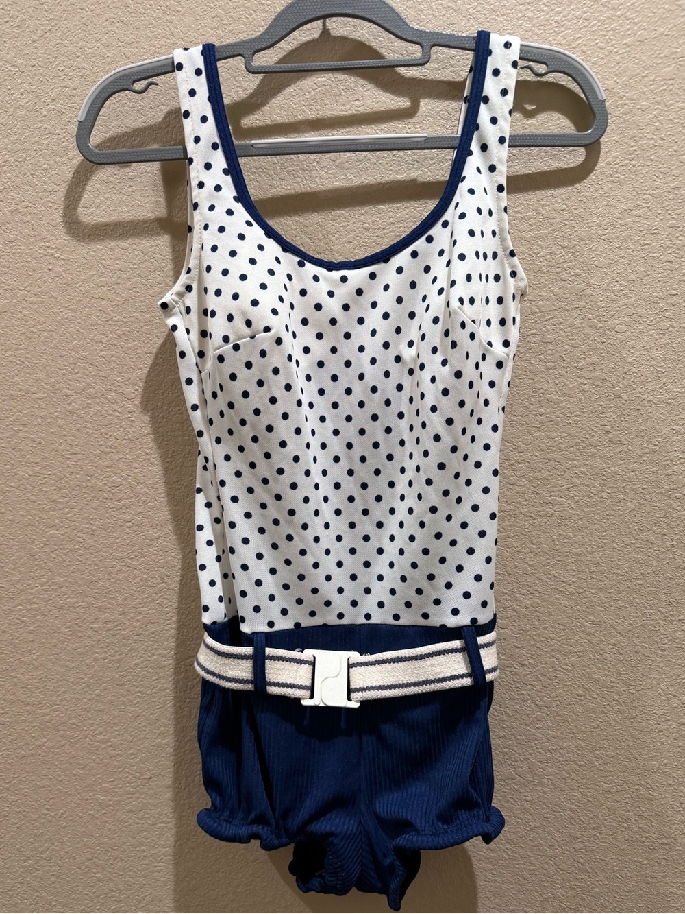 Vintage Navy White Polka Dot Belted Romper One Piece Swimsuit S/M